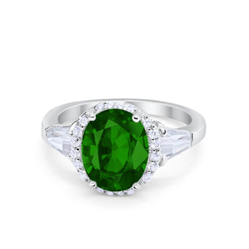 Oval Wedding Engagement Ring Baguette Round Simulated Green Emerald CZ 925 Sterling Silver